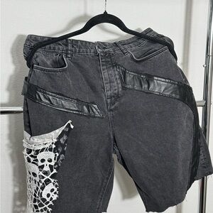 Black Denim Shorts with Skull Lace and Leather Accents